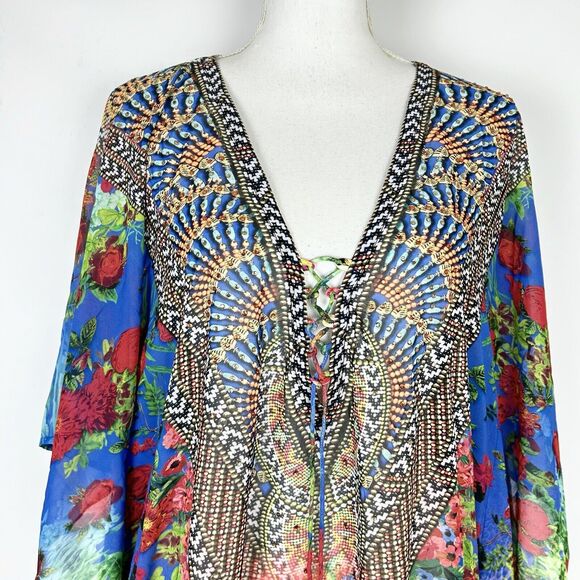ASA Kaftan Printed Caftan Cover-Up Jeweled Beaded Tassels Floral Short Small - Picture 4 of 9